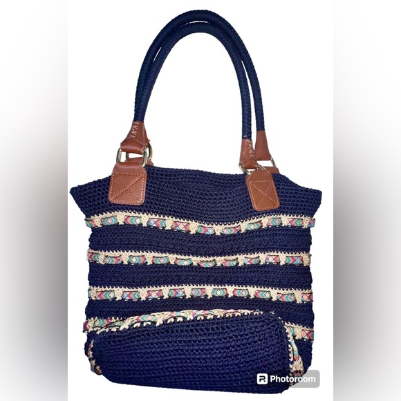 The Sak Cambria Crocheted Large Double Strap Zip Top Tote Navy Woven Ribbon - Picture 9 of 10